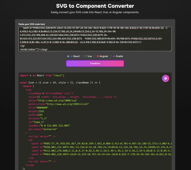 SVG a Componente con entrada de SVG y código de componente generado