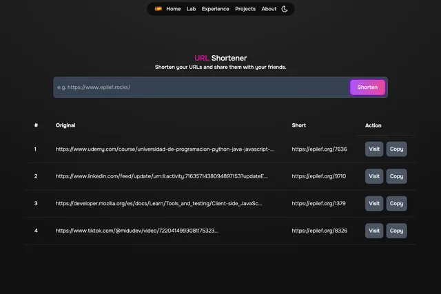 Acortador de URL con entrada de enlaces y tabla de enlaces guardados