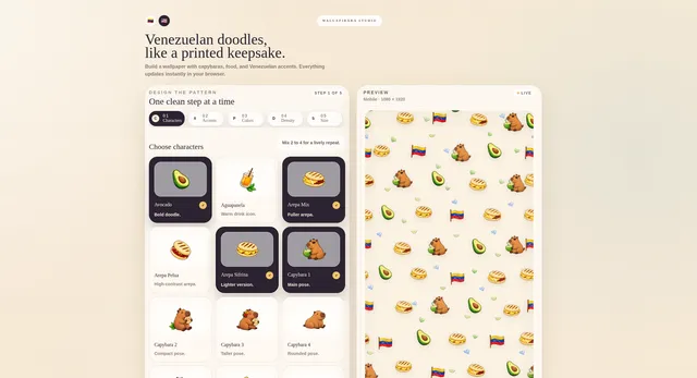 Wallapibara wallpaper editor with Venezuelan character choices and a live pattern preview