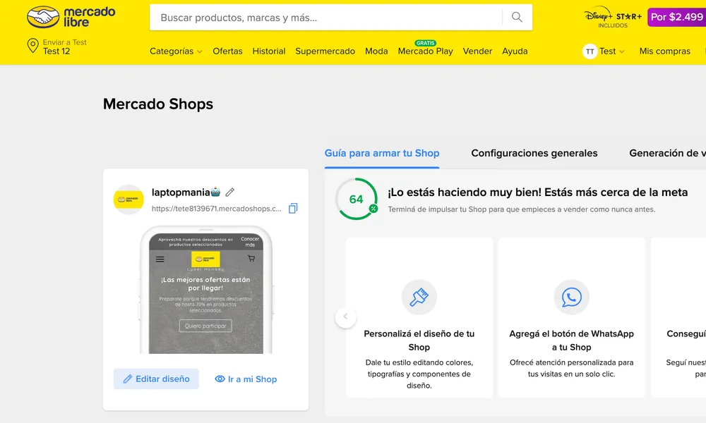 MercadoShops dashboard with store customization and setup controls